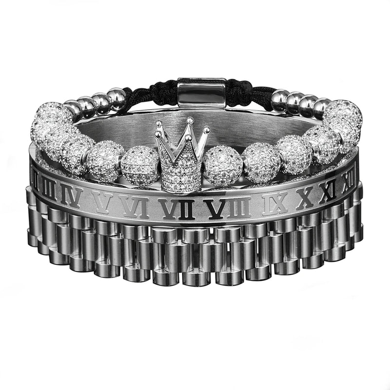 Kit 3 Pulseiras THE ROMAN KING - Joia em Aço Inoxidável Banhada em Ouro e Prata