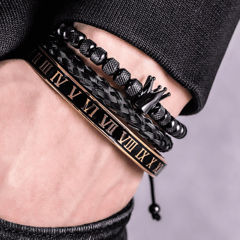 Kit 3 Pulseiras Masculinas em Aço Inoxidável Banhada a Ouro e Prata com Coroa THE KING