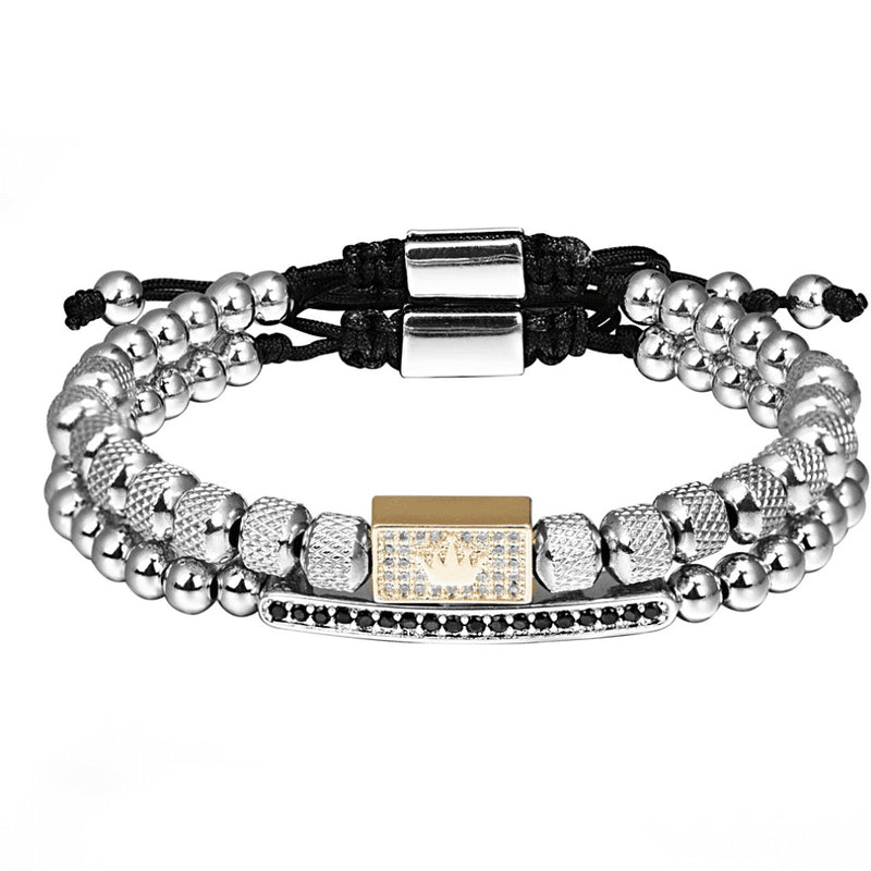 Conjunto 2 Pulseiras SIMPLE CROWN - Joia de Aço Inoxidável Banhado a Ouro e Prata Cravejado Com Zircônia