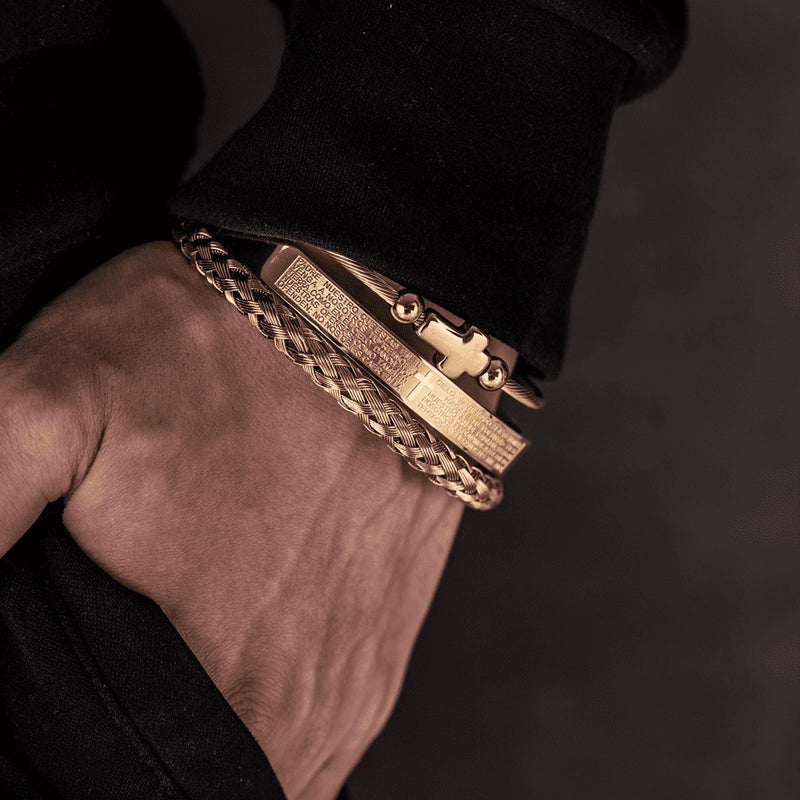 Conjunto 3 Pulseiras em Aço Inoxidável Banhada em Ouro e Prata Crucifixo PAI NOSSO