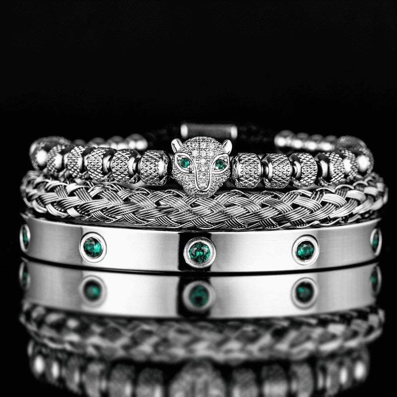 Kit 3 Pulseiras em Aço Inoxídável Banhado e Cravejada Com Cristal de Zircônia Pantera ROYAL
