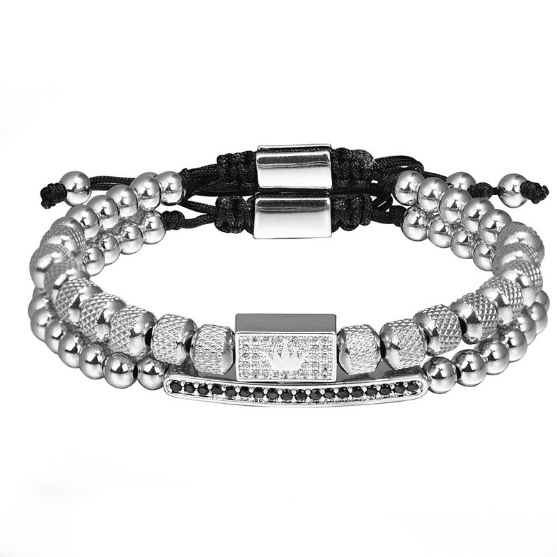 Conjunto 2 Pulseiras SIMPLE CROWN - Joia de Aço Inoxidável Banhado a Ouro e Prata Cravejado Com Zircônia