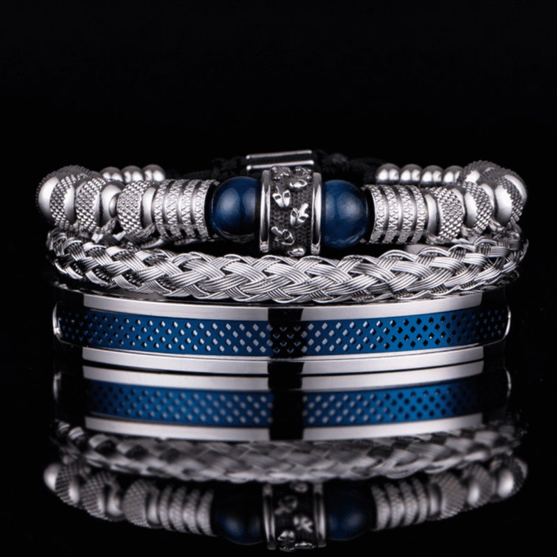 Conjunto 3 Pulseiras de Aço Inoxidável Com Pedra Natural e Caveiras Gravadas SKULL STONE