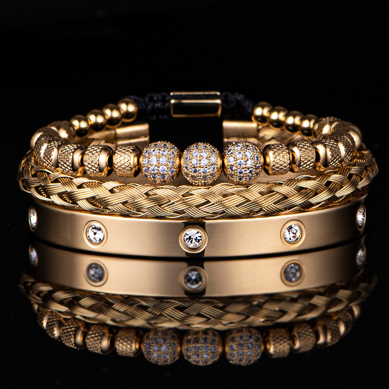 Kit 3 Pulseiras Masculinas Banhadas em Ouro e Prata Cravejada com Zircônias AAA MAGNATA