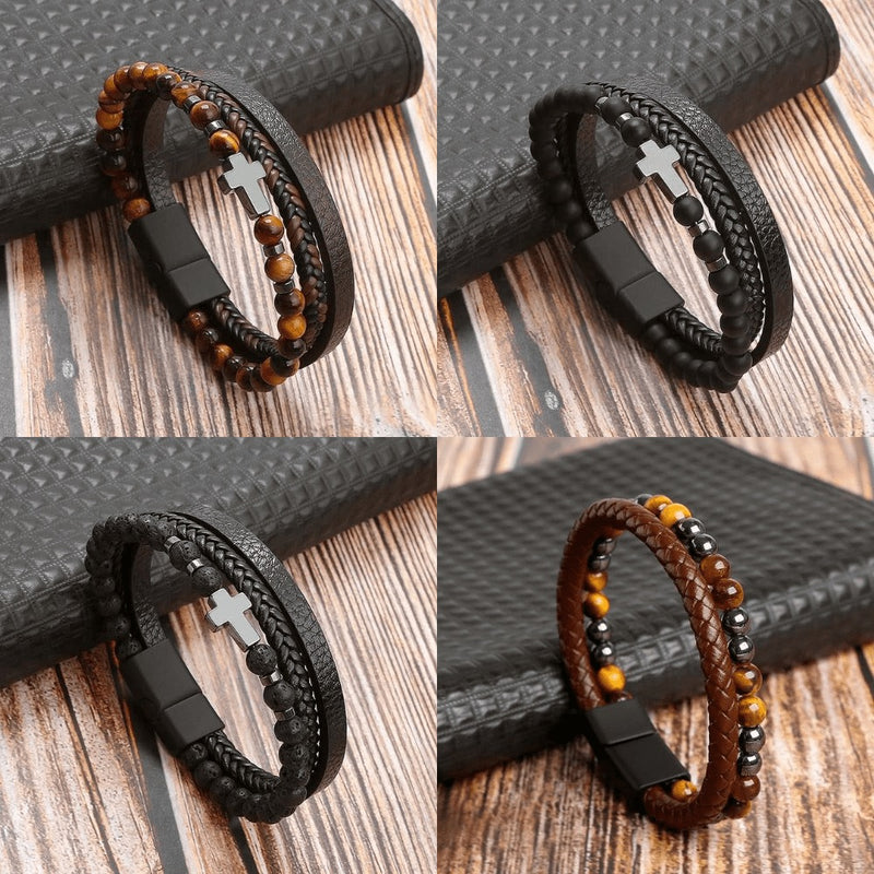 Pulseira em Couro com Pedras e Pingentes THE MAN