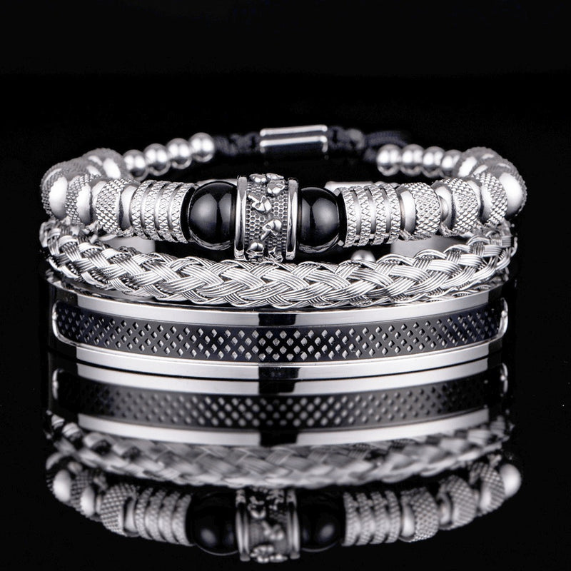 Conjunto 3 Pulseiras de Aço Inoxidável Com Pedra Natural e Caveiras Gravadas SKULL STONE