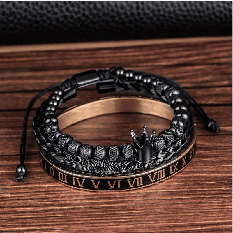 Kit 3 Pulseiras Masculinas em Aço Inoxidável Banhada a Ouro e Prata com Coroa THE KING