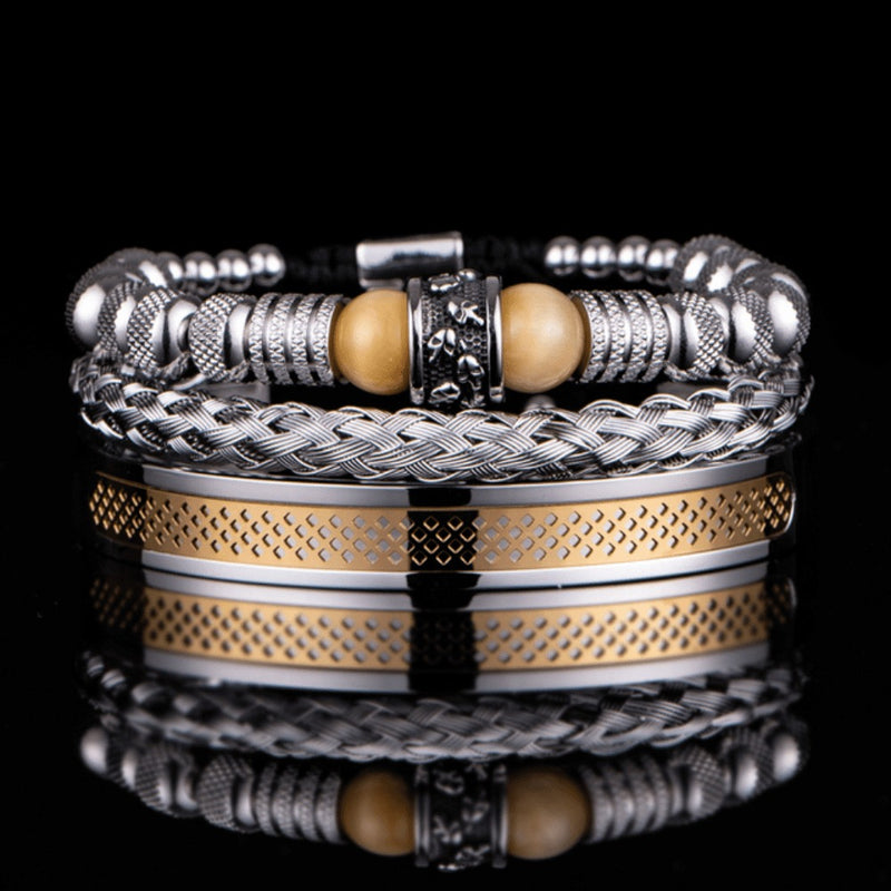 Conjunto 3 Pulseiras de Aço Inoxidável Com Pedra Natural e Caveiras Gravadas SKULL STONE