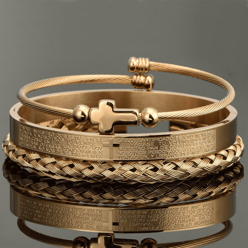 Conjunto 3 Pulseiras em Aço Inoxidável Banhada em Ouro e Prata Crucifixo PAI NOSSO