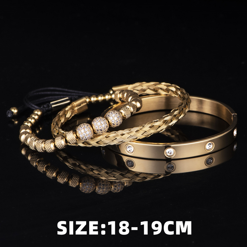 Kit 3 Pulseiras Masculinas Banhadas em Ouro e Prata Cravejada com Zircônias AAA MAGNATA