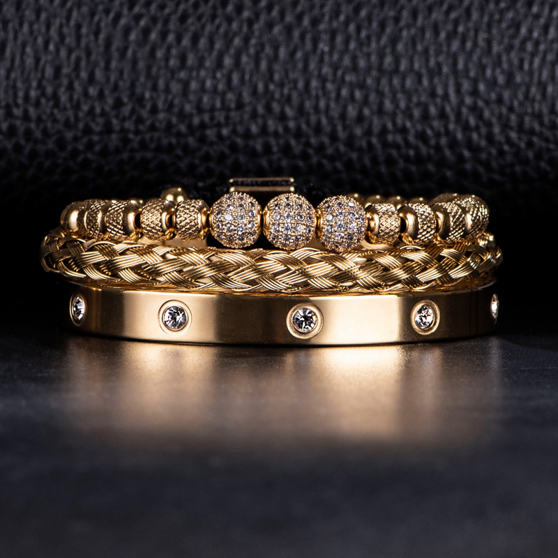 Kit 3 Pulseiras Masculinas Banhadas em Ouro e Prata Cravejada com Zircônias AAA MAGNATA