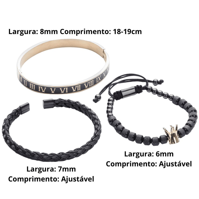 Kit 3 Pulseiras Masculinas em Aço Inoxidável Banhada a Ouro e Prata com Coroa THE KING