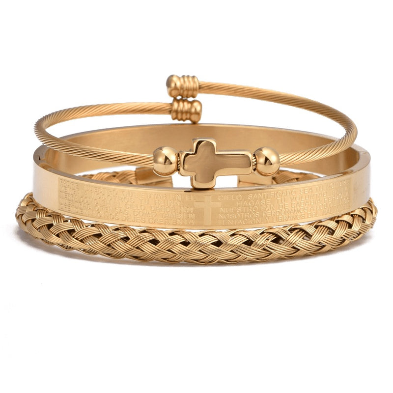 Conjunto 3 Pulseiras em Aço Inoxidável Banhada em Ouro e Prata Crucifixo PAI NOSSO