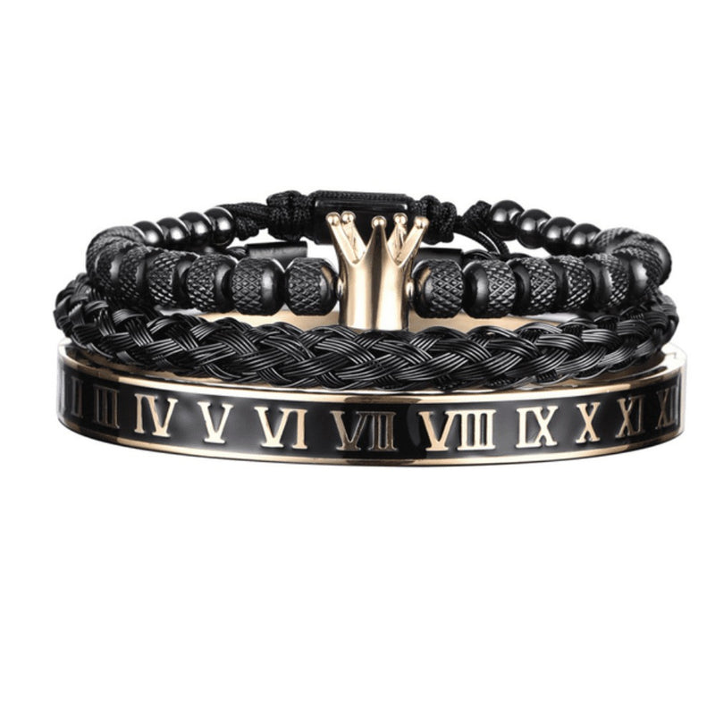 Kit 3 Pulseiras Masculinas em Aço Inoxidável Banhada a Ouro e Prata com Coroa THE KING
