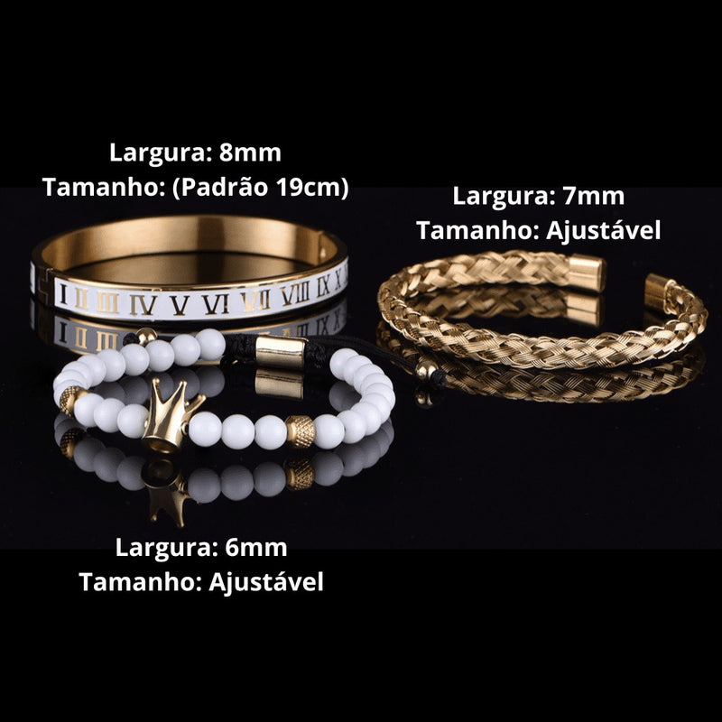 Kit 3 Pulseiras Premium Banhada a Ouro com Strass e Diversos Pingentes ROYAL