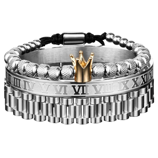 Kit 3 Pulseiras REI ROMANO - Joia em Aço Inoxidável Banhada em Ouro e Prata