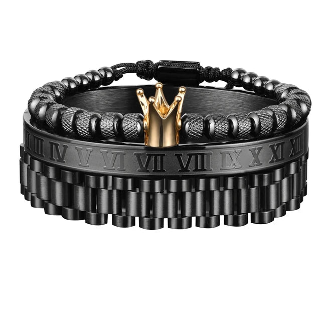 Kit 3 Pulseiras REI ROMANO - Joia em Aço Inoxidável Banhada em Ouro e Prata