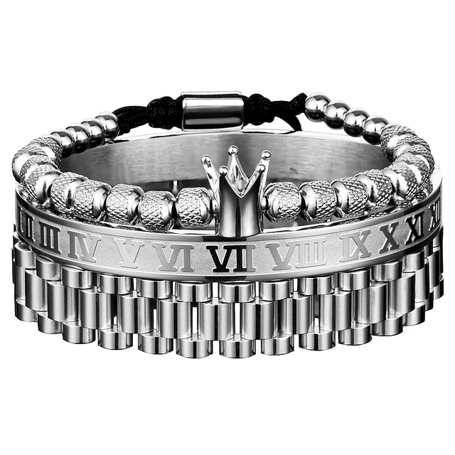 Kit 3 Pulseiras REI ROMANO - Joia em Aço Inoxidável Banhada em Ouro e Prata