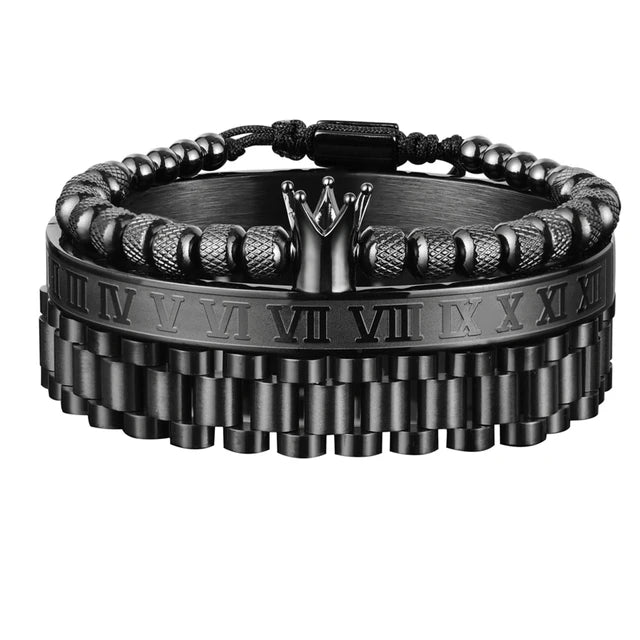 Kit 3 Pulseiras REI ROMANO - Joia em Aço Inoxidável Banhada em Ouro e Prata