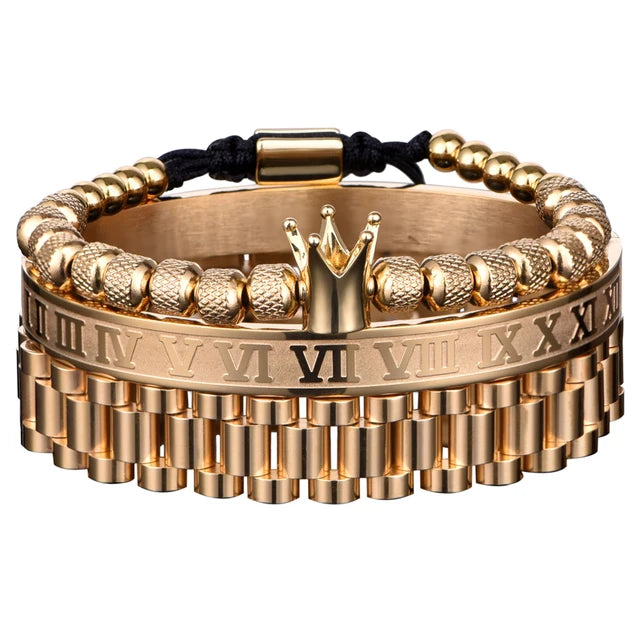Kit 3 Pulseiras REI ROMANO - Joia em Aço Inoxidável Banhada em Ouro e Prata