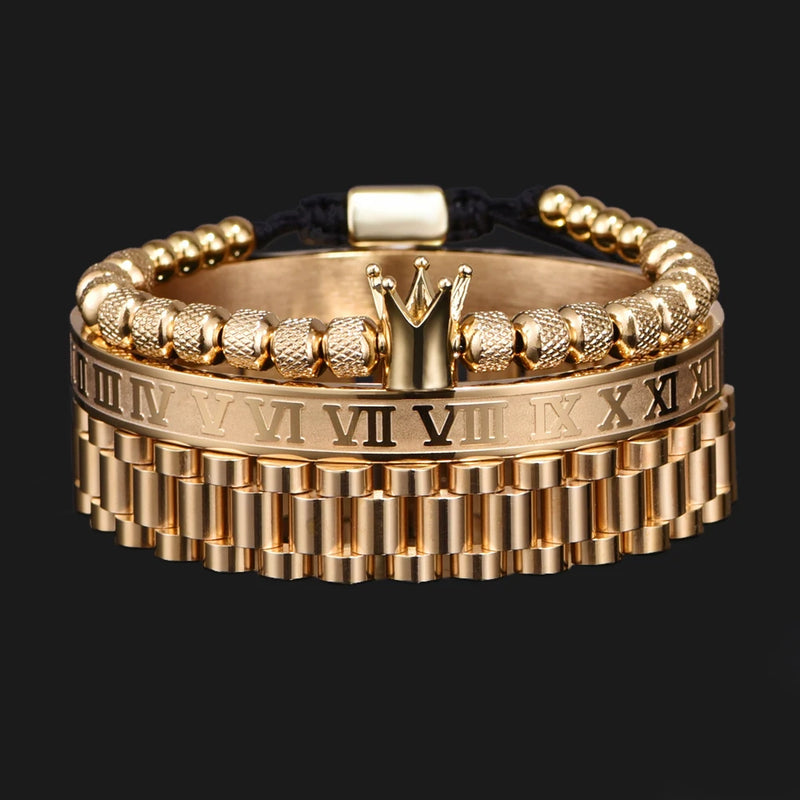 Kit 3 Pulseiras REI ROMANO - Joia em Aço Inoxidável Banhada em Ouro e Prata