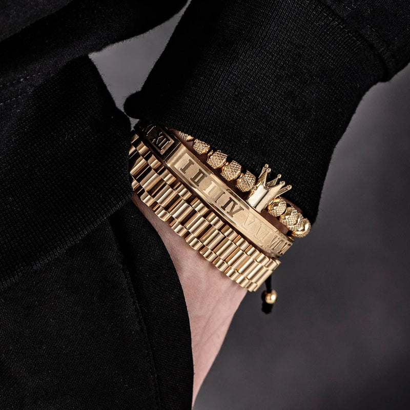 Kit 3 Pulseiras REI ROMANO - Joia em Aço Inoxidável Banhada em Ouro e Prata