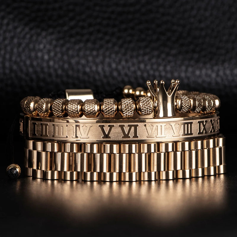 Kit 3 Pulseiras REI ROMANO - Joia em Aço Inoxidável Banhada em Ouro e Prata