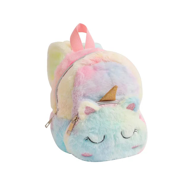 Mochila Pequena Peluciada Infantil Gatinho e Unicórnio em Veludo