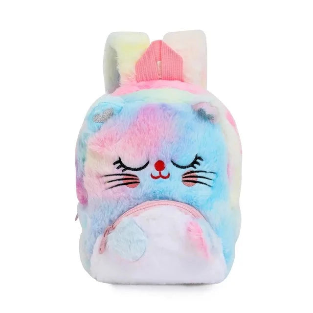 Mochila Pequena Peluciada Infantil Gatinho e Unicórnio em Veludo