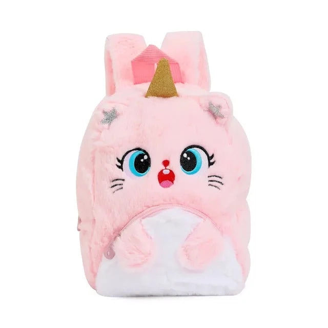 Mochila Pequena Peluciada Infantil Gatinho e Unicórnio em Veludo