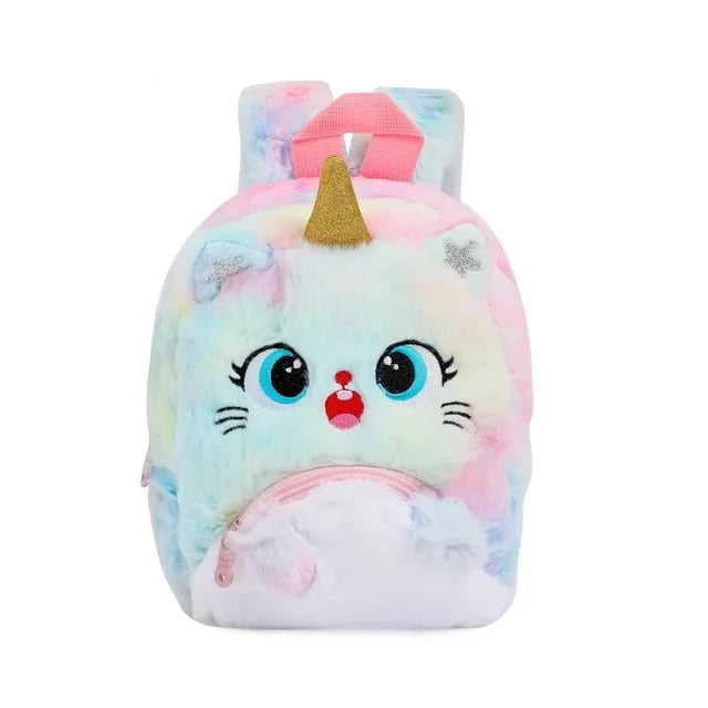 Mochila Pequena Peluciada Infantil Gatinho e Unicórnio em Veludo