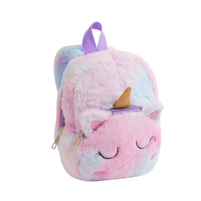 Mochila Pequena Peluciada Infantil Gatinho e Unicórnio em Veludo