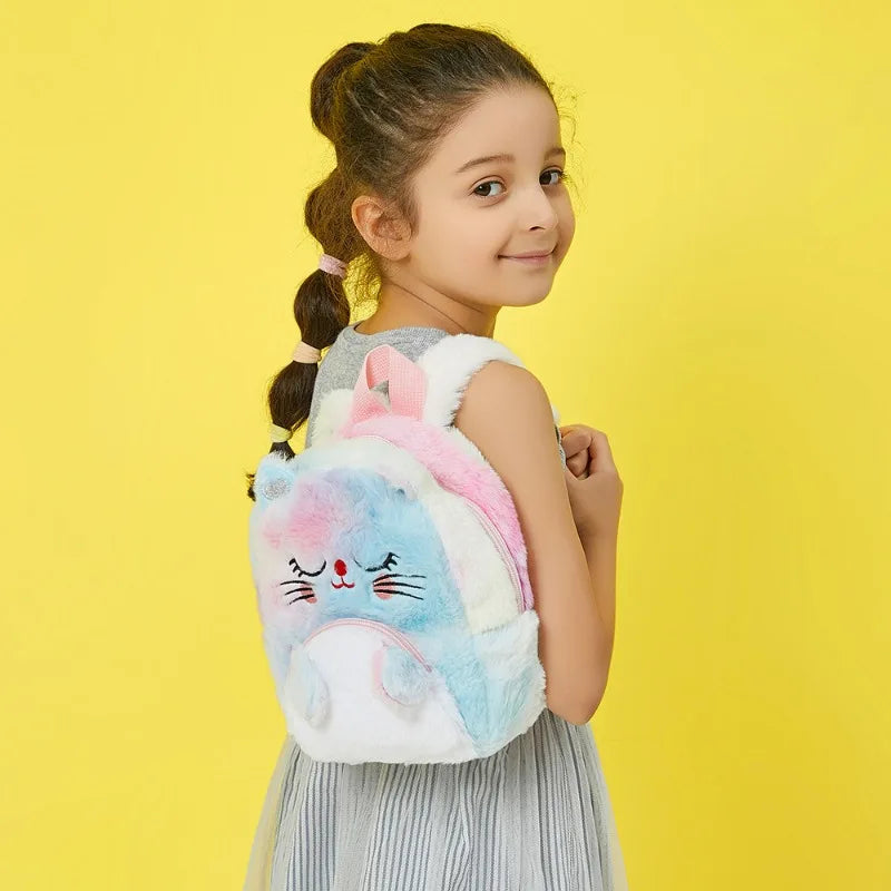 Mochila Pequena Peluciada Infantil Gatinho e Unicórnio em Veludo