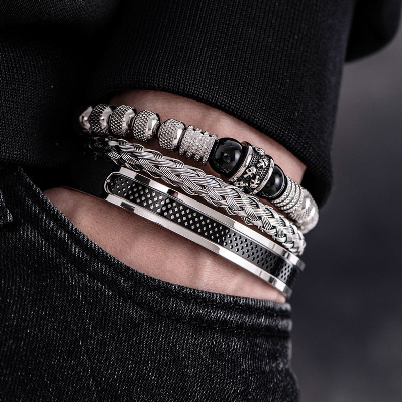 Conjunto 3 Pulseiras de Aço Inoxidável Com Pedra Natural e Caveiras Gravadas SKULL STONE