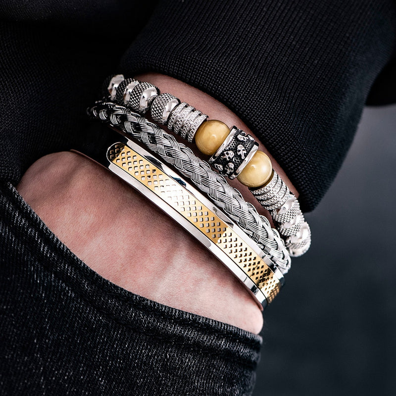 Conjunto 3 Pulseiras de Aço Inoxidável Com Pedra Natural e Caveiras Gravadas SKULL STONE