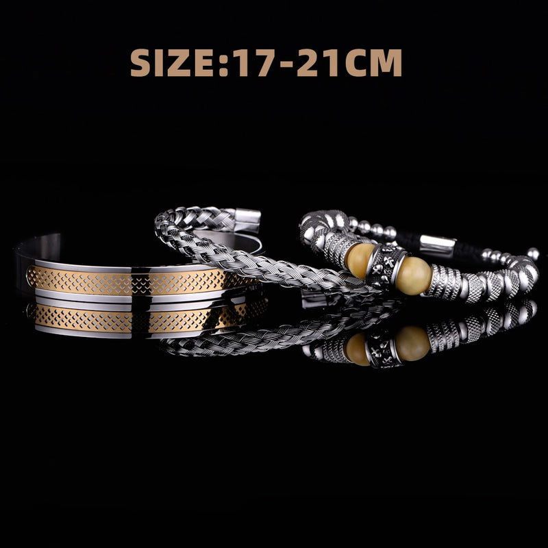 Conjunto 3 Pulseiras de Aço Inoxidável Com Pedra Natural e Caveiras Gravadas SKULL STONE