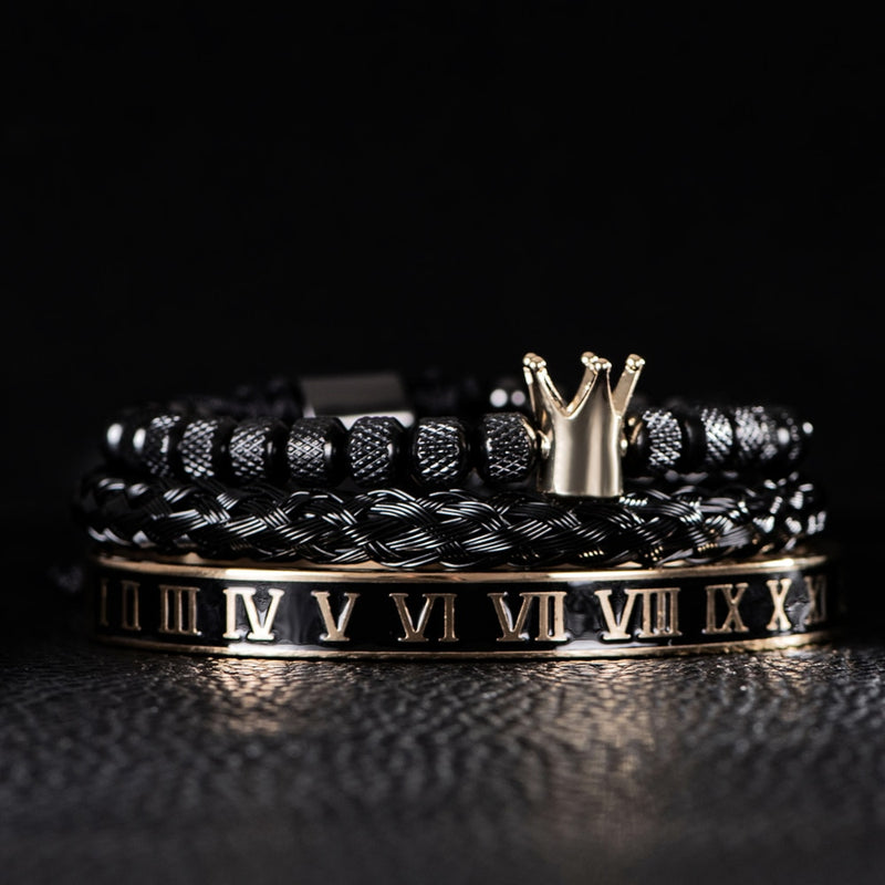 Kit 3 Pulseiras Masculinas em Aço Inoxidável Banhada a Ouro e Prata com Coroa THE KING