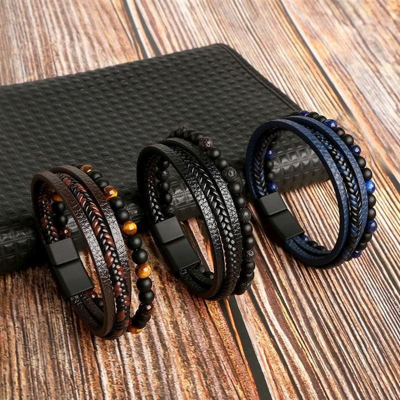 Pulseira em Couro com Pedras e Pingentes THE MAN