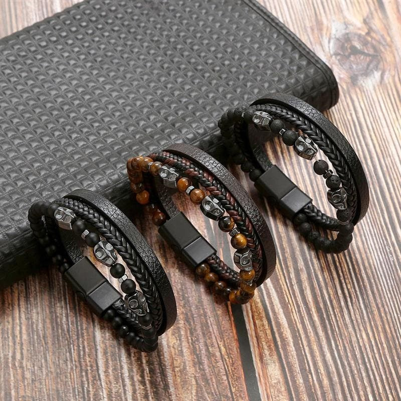 Pulseira em Couro com Pedras e Pingentes THE MAN