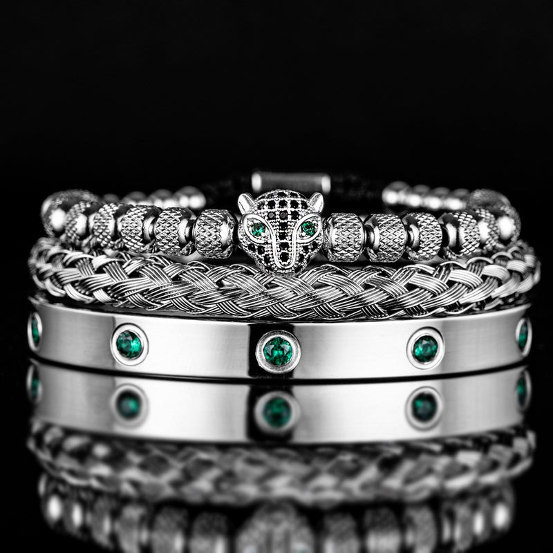 Kit 3 Pulseiras em Aço Inoxídável Banhado e Cravejada Com Cristal de Zircônia Pantera ROYAL